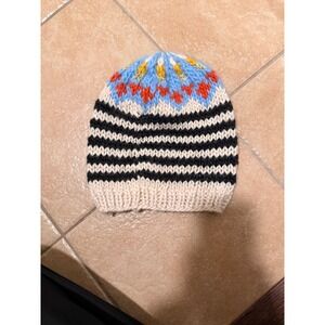 Free People Beanie Hat Knit Fair Isle Geometric Black Cream Blue Orange